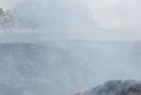 Api kembali muncul di TPA liar Waringinkurung, Kabupaten Serang, Banten. Personel Polda Banten bersama petugas Damkar berupaya memadamkan api. (foto : Ist)